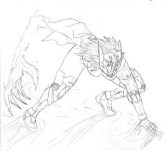 lylisandre, in cursed magitek armor, sliding across loose soil. her right arm is engulfed by a monstrous sanguine claw