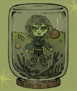 a cute chibi lyli floats in green liquid inside of a sealed jar, with some little fruits and twigs beside her