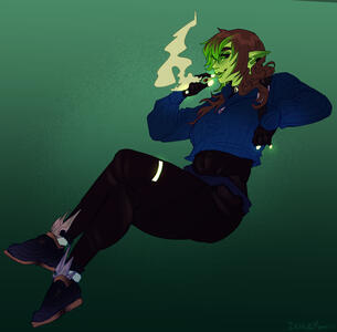 lylisandre the melty slime elf in a sweater, catsuit, and winged plate sneakers