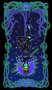 a tarot card depicts lylisandre, the slimy green elf, as the Hanged Woman. she hangs upside down over a starry void, clutching her cane. she is framed by a pale green halo & neon green art nouveau filigree