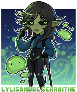 chibi lyli the slime witch leans on her cane, cute slimes bounce around her