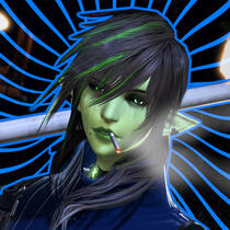 lylisandre the slime elf is looking at the viewer and smoking a cigarette, with her blue mage's cane propped over her shoulder. spiralling blue lines radiate out from behind her like a halo.