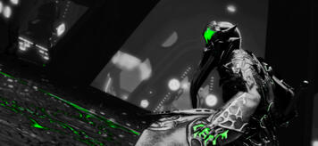 Lylisandre wears a green-glowing magitek mask, and slime drips from her gauntlet