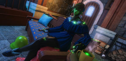 lyli slits on a couch, a slime pet huddles at her feet. she has a pipe in one hand and is reaching for a cup of coffee(?)